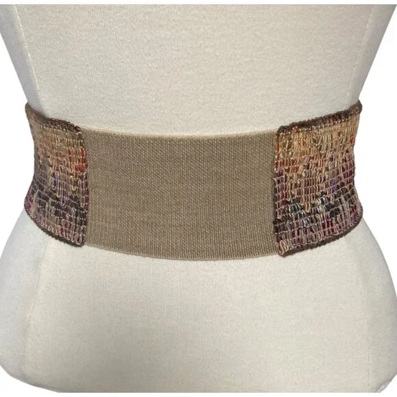 Vintage J Crew Woven Multicolor Stretch Cinch Belt Small Brass Clasp Boho - Picture 3 of 8